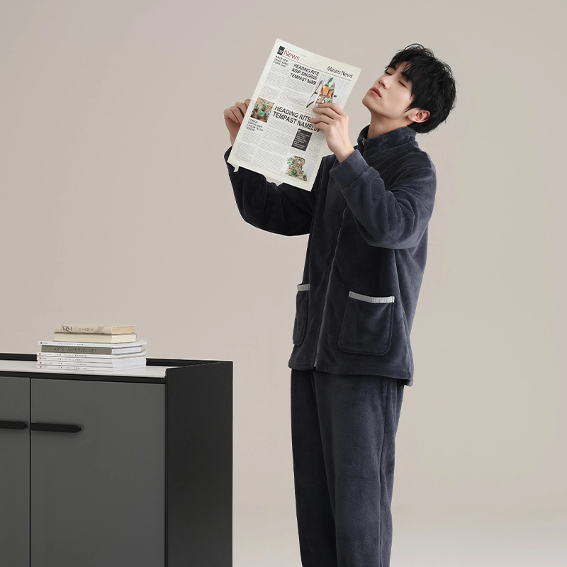 浮光岛屿 珊瑚绒睡衣秋冬款加厚保暖法兰绒休闲男士开衫大码宽松可外穿 家居套装  男款  深灰色