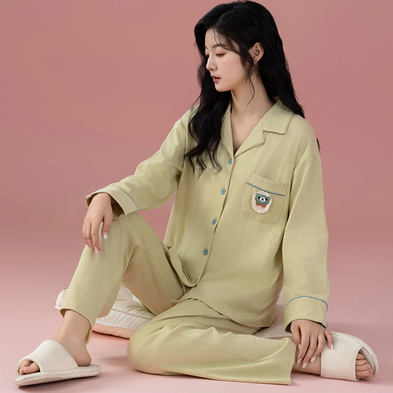 浮光岛屿 简约纯色可爱口袋翻领高级感长袖长裤家居服舒适亲肤透气可外穿休闲睡衣套装 女款 礼盒款 淡黄色