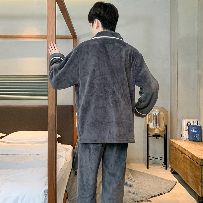 浮光岛屿 礼袋款 珊瑚绒睡衣男秋冬款加绒加厚保暖法兰绒简约翻领开衫可外穿家居服 家居套装 男款 深灰色