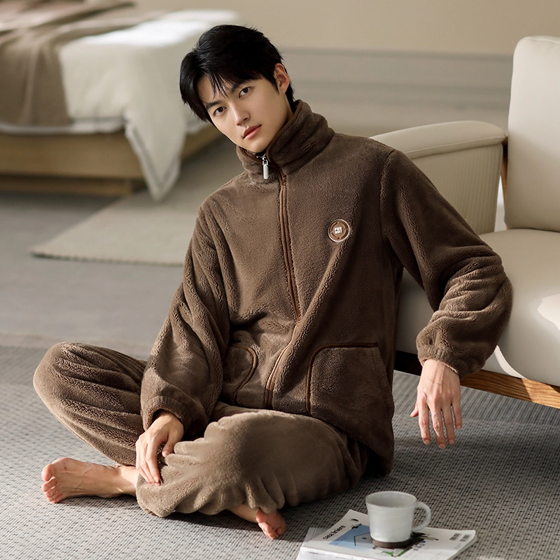 浮光岛屿 简约纯色拉链高级感家居服舒适亲肤保暖可外穿休闲睡衣套装 礼袋款 男款 褐色