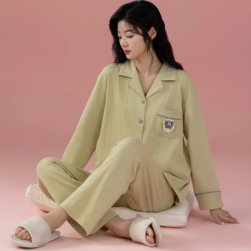 浮光岛屿 简约纯色可爱口袋翻领高级感长袖长裤家居服舒适亲肤透气可外穿休闲睡衣套装 女款 礼盒款 淡黄色