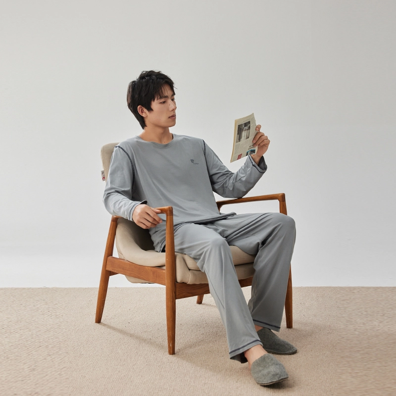 浮光岛屿 礼盒款简约系列 纯色莫代尔棉大码休闲舒适可外穿长袖睡衣 家居服套装 男款 浅灰色