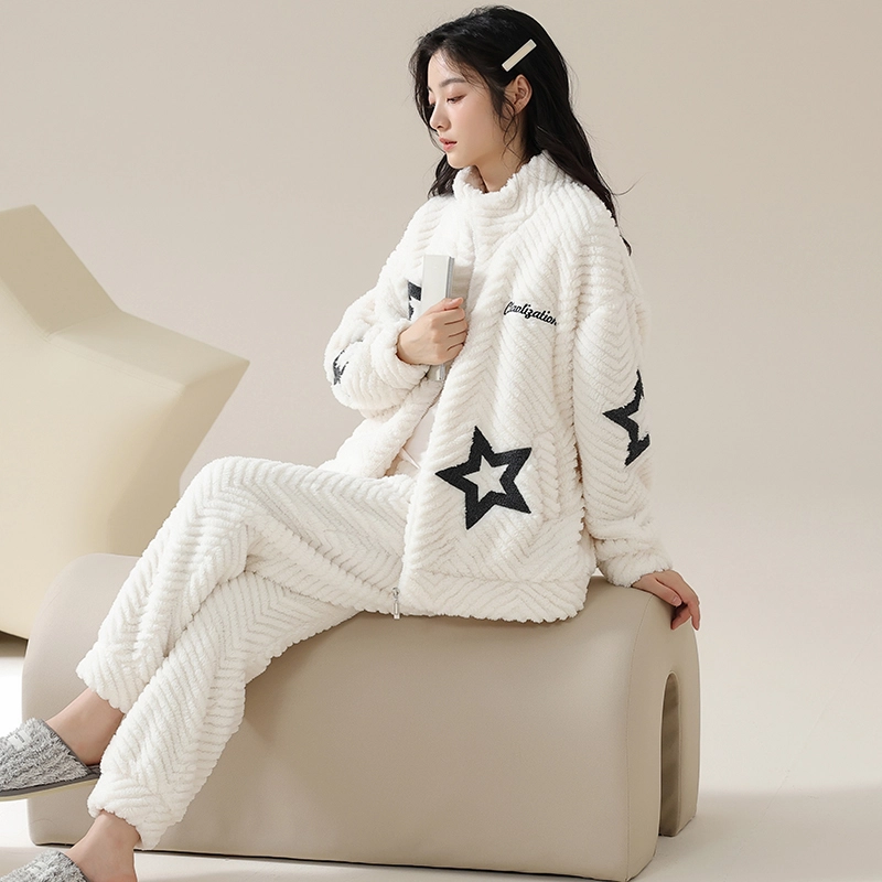 浮光岛屿 珊瑚绒睡衣女秋冬款加厚保暖法兰绒时尚嘻哈星星休闲宽松可外穿家居服 家居套装 女款 米白色