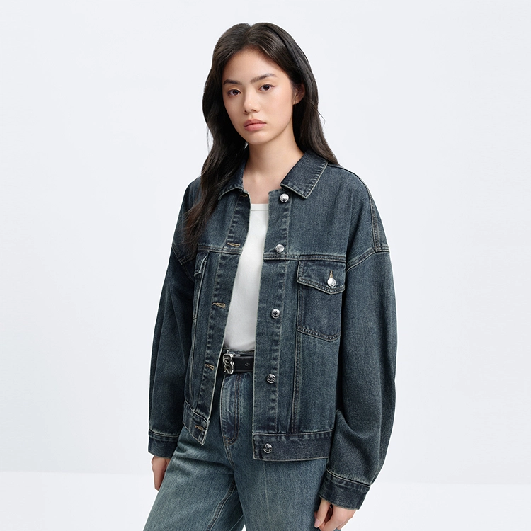 太平鸟 纯色翻领休闲宽松牛仔外套 女款 牛仔蓝