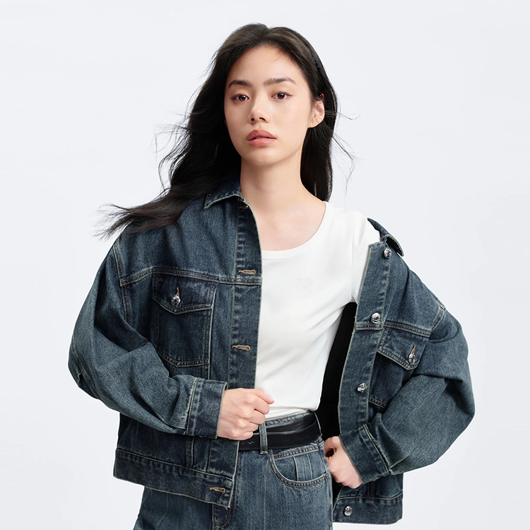 太平鸟 纯色翻领休闲宽松牛仔外套 女款 牛仔蓝