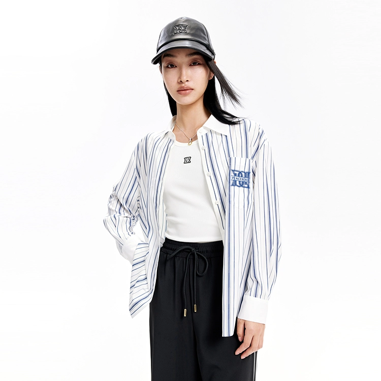 太平鸟 条纹撞色衬衫 女款 蓝色条纹