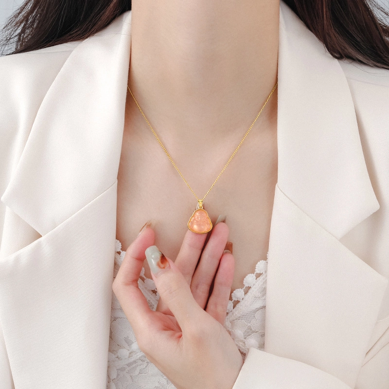 克拉太太 笑脸佛公 弥勒佛好运 新中式国潮国风精致复古甜美优雅温婉气质简约百搭轻奢高级感 铜 合成玻璃 项链 女款