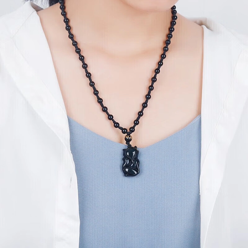 妍韵珠宝 彩虹眼狐狸平安护身符 黑曜石 玉石吊坠 男女同款情侣款