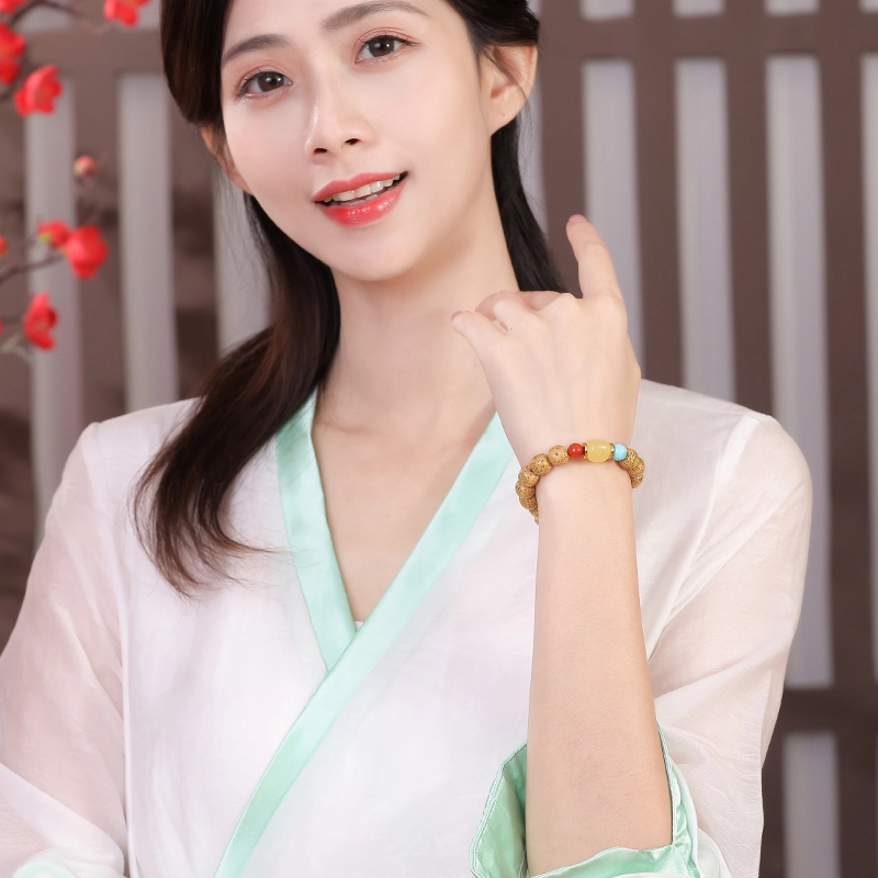 豆蔻时光 原生态黄金籽配蜜蜡南红玛瑙绿松佛珠念珠国风文玩 星月菩提 菩提类手串 男女同款情侣款