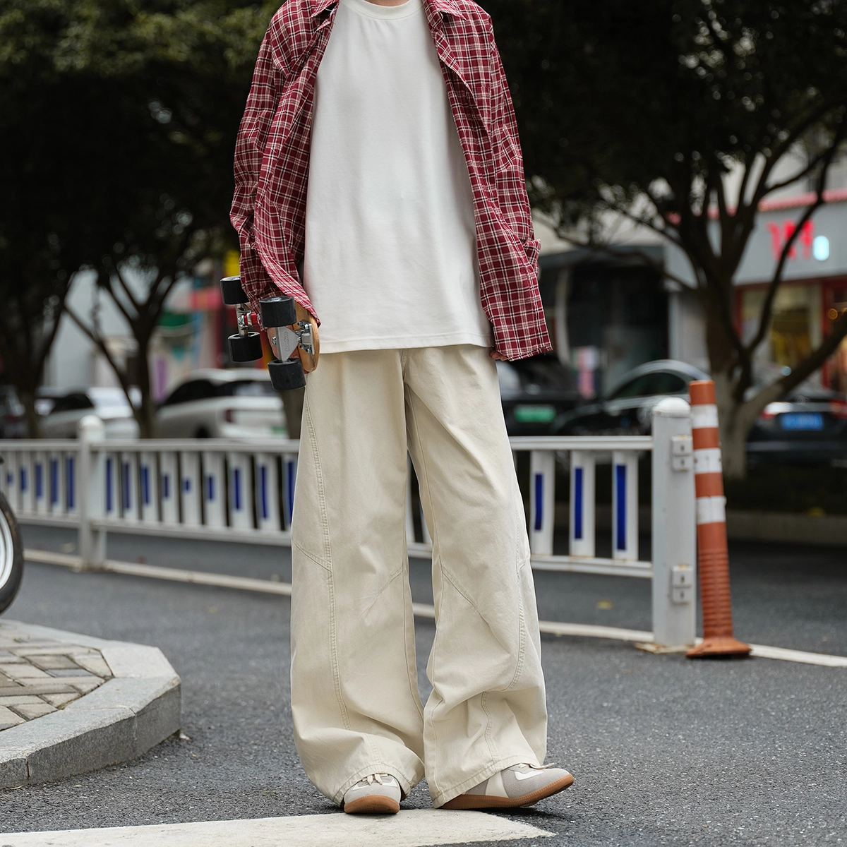 港仔文艺男 褶皱拼接解构户外运动直筒垂感日系阔腿工装裤宽松简约休闲裤 男女同款