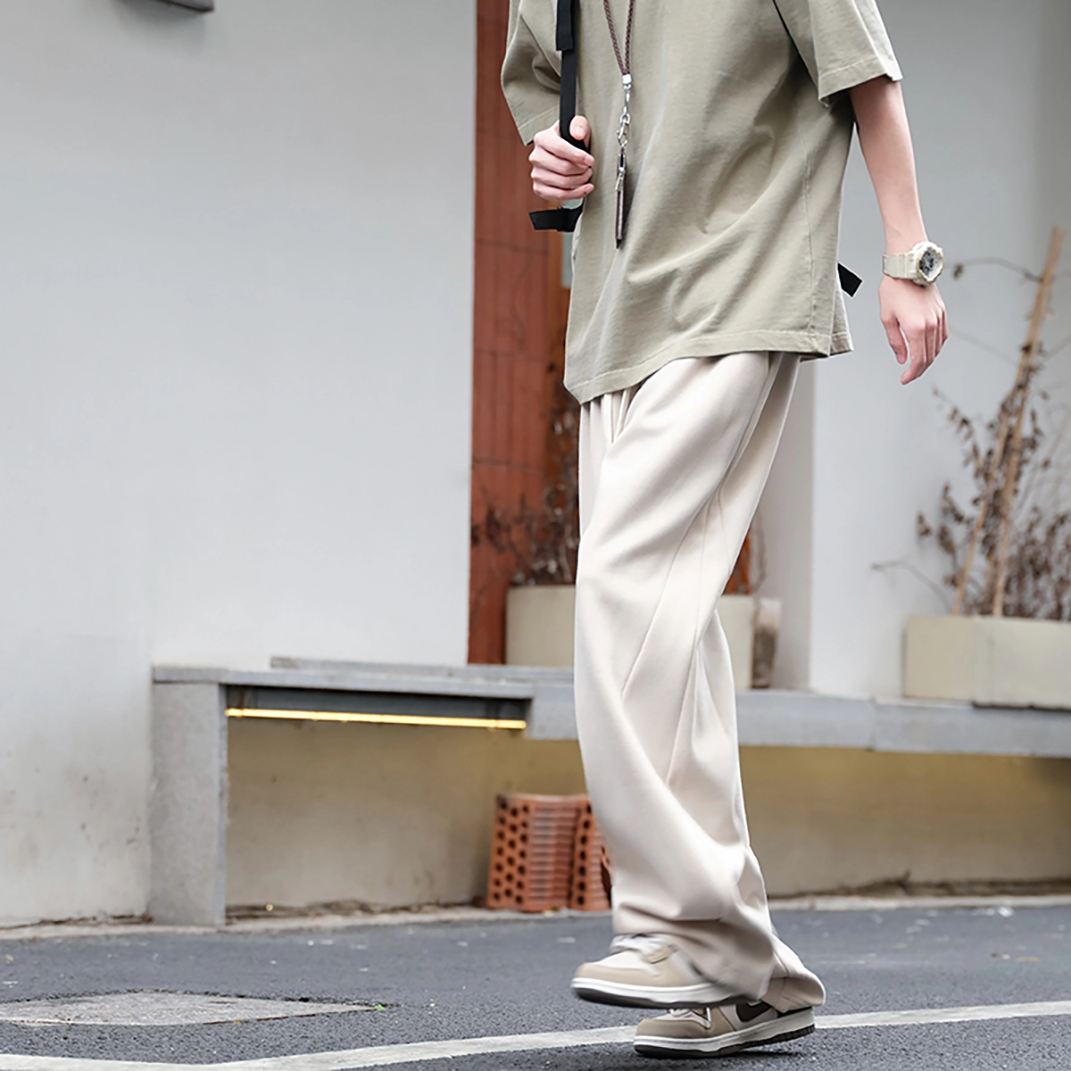 港仔文艺男 美式高街垂感拼接解构抽绳宽松直筒运动卫裤简约百搭休闲裤 男女同款