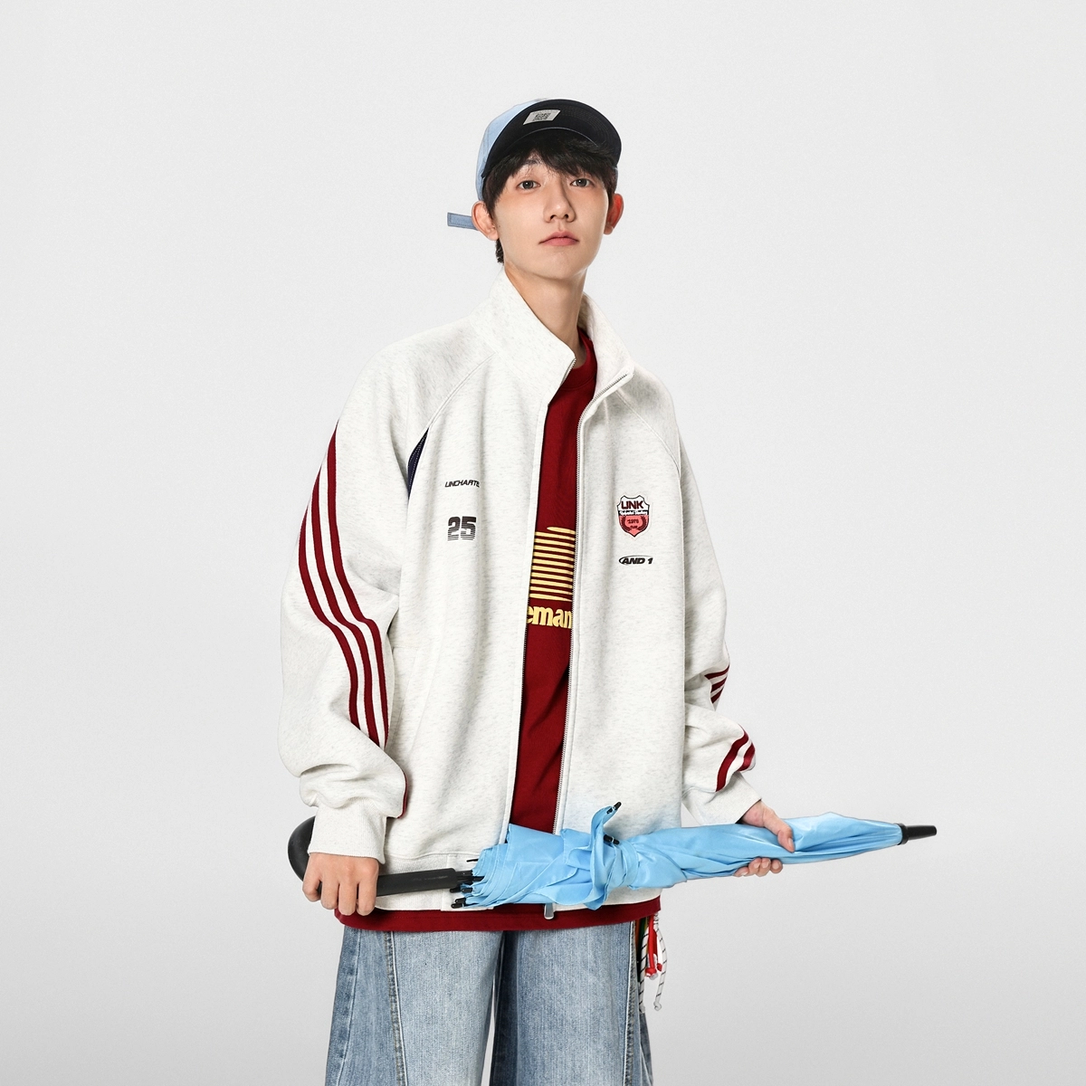 港仔文艺男 美式复古三条杠撞色拼接赛车服元素卫衣经典字母印花徽章小标立领插肩袖上衣休闲宽松百搭简约夹克外套 男女同款