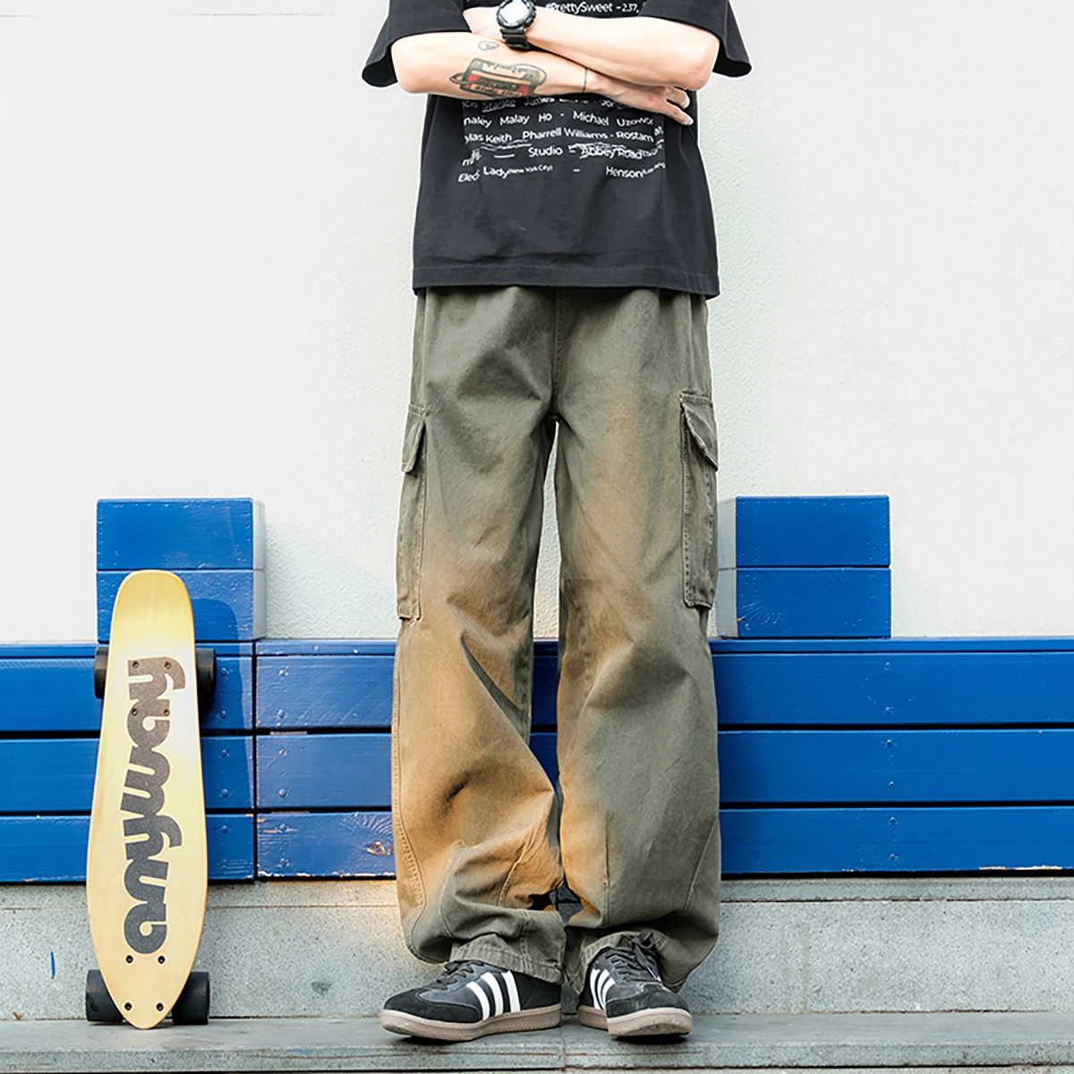 港仔文艺男 拼接结构侧面口袋肤感户外运动垂感工装裤日系复古宽松百搭休闲裤 男女同款