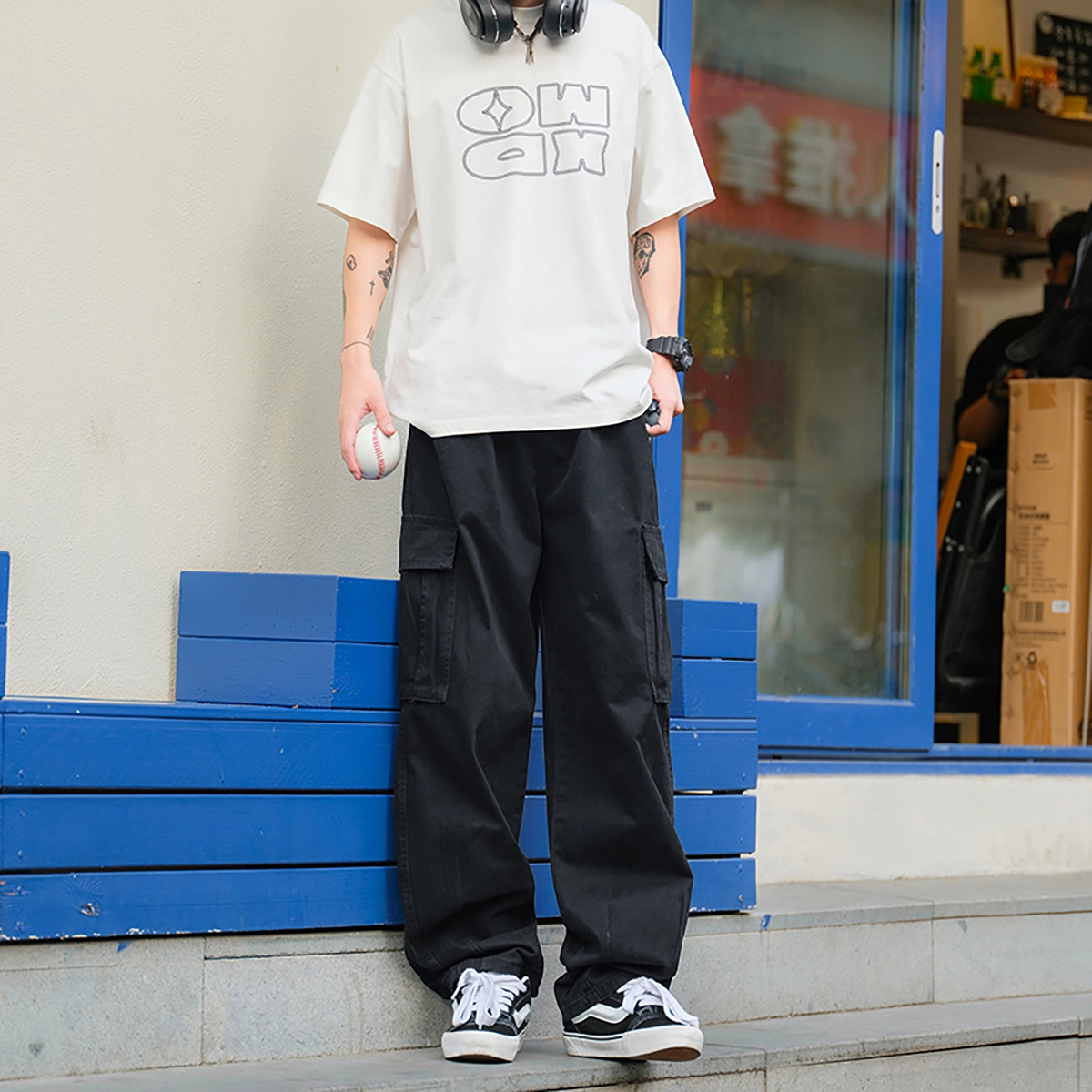 港仔文艺男 拼接结构侧面口袋肤感户外运动垂感工装裤日系复古宽松百搭休闲裤 男女同款