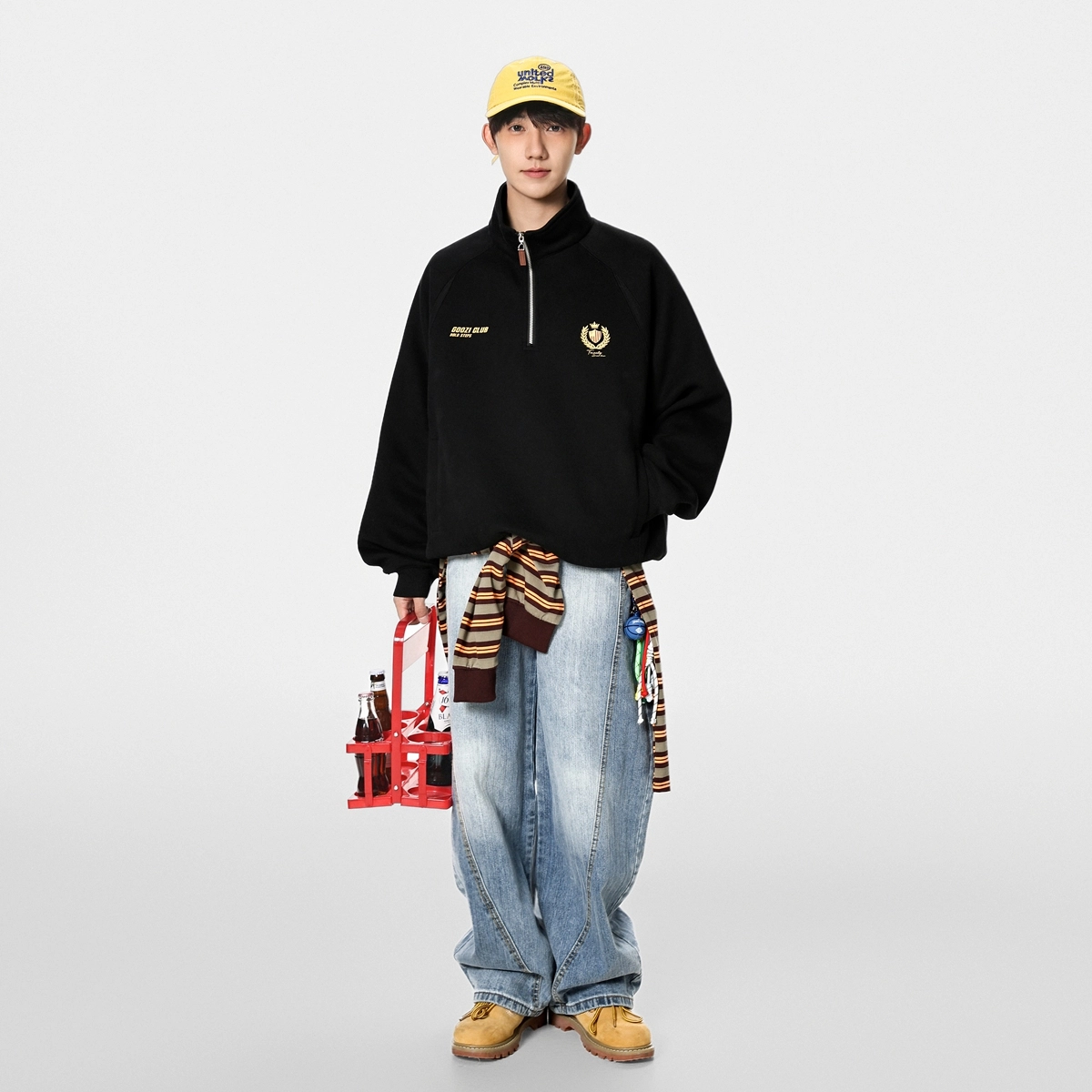 港仔文艺男 美式重磅半拉链拼接字母徽章刺绣设计立领插肩袖上衣休闲百搭宽松简约卫衣 男女同款