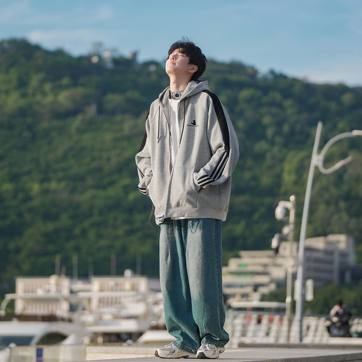 港仔文艺男 美式复古撞色拼接条纹三条杠字母连帽抽绳设计上衣休闲百搭宽松开衫卫衣 男女同款