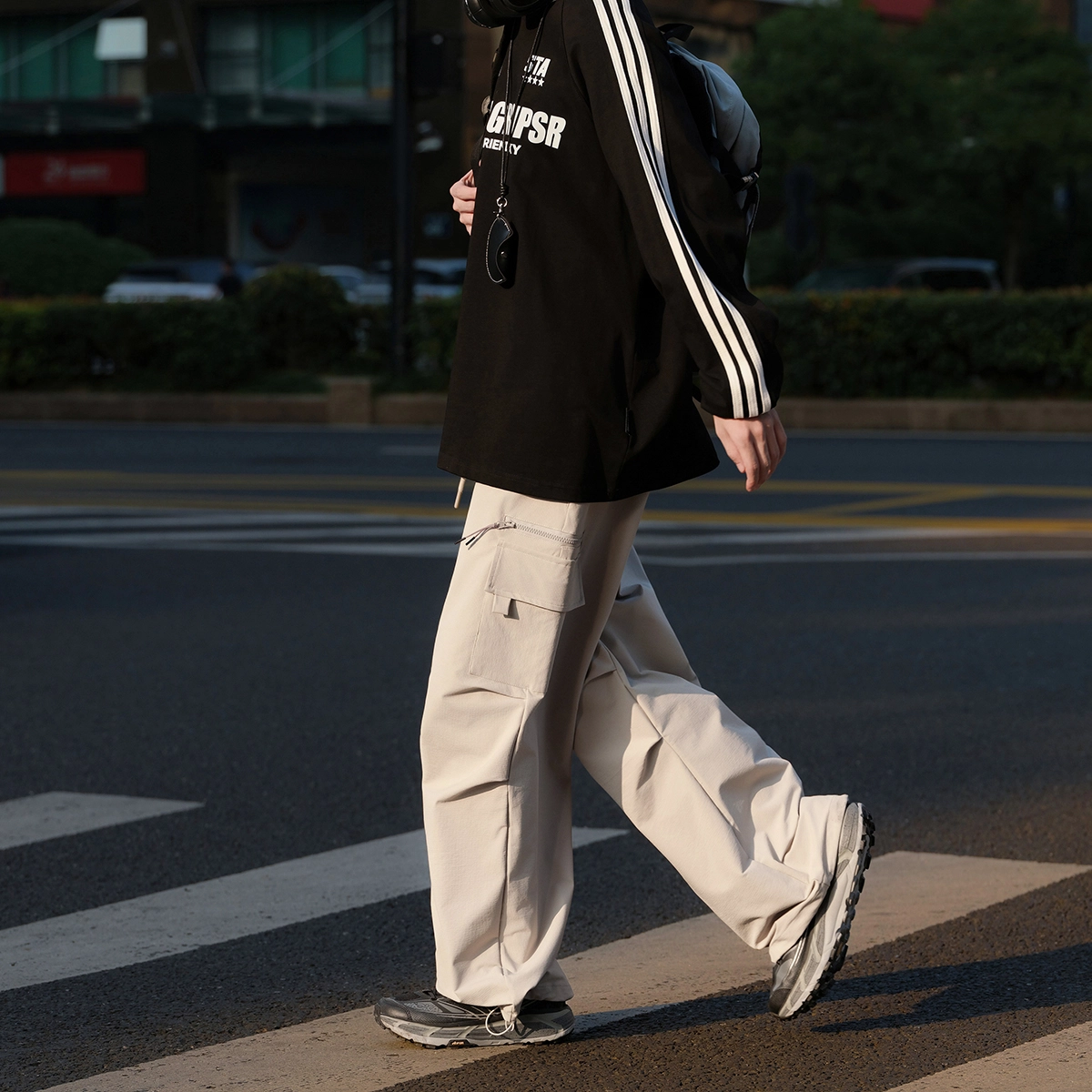 港仔文艺男 褶皱拼接解构拉链口袋可调节裤腿设计感户外运动工装裤日系百搭宽松休闲裤 男女同款