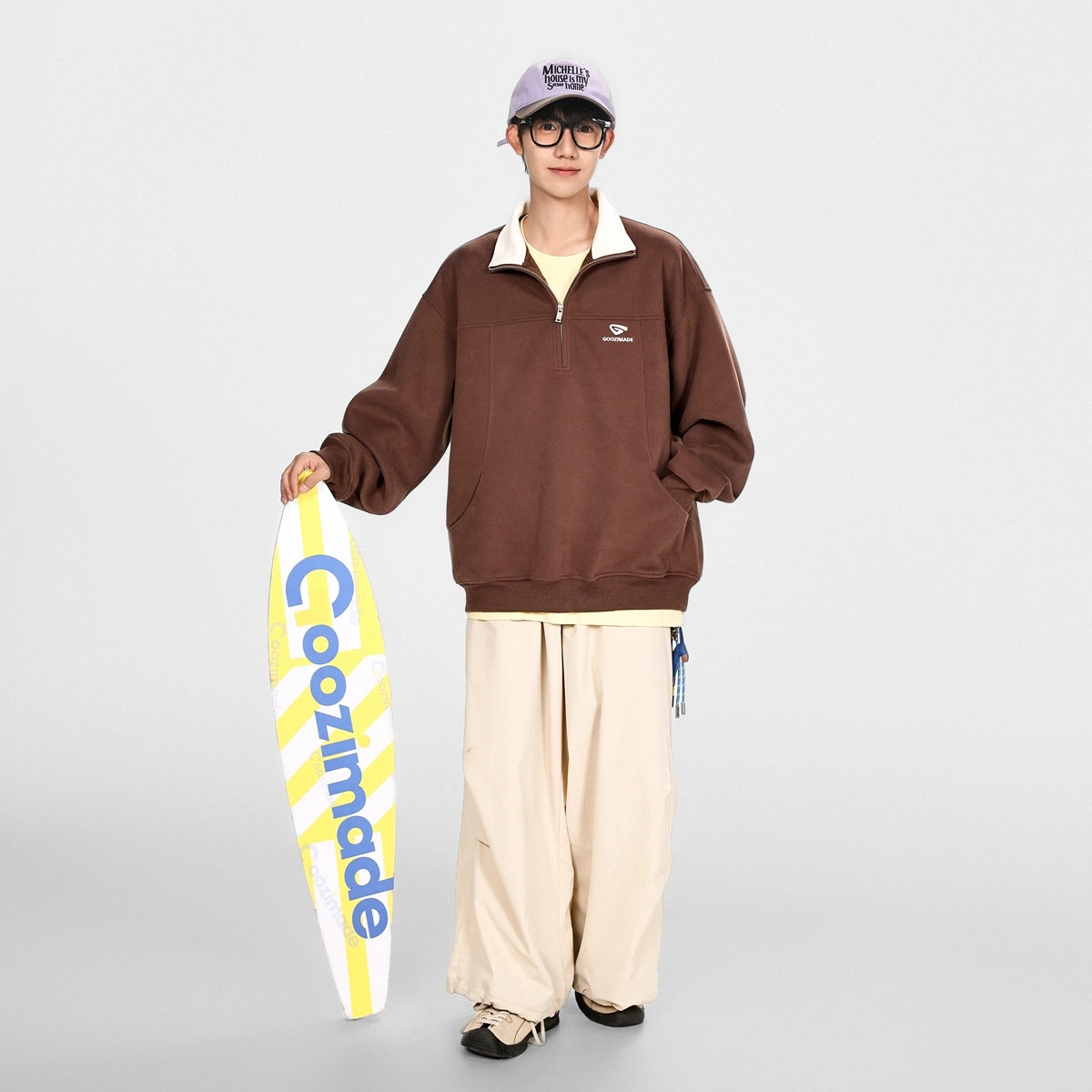 港仔文艺男 重磅半拉链解构字母徽章印花日系复古立领落肩上衣休闲宽松简约百搭卫衣 男女同款