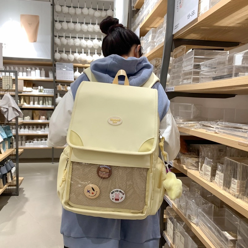 巴朗熊  小清新彩色学生涤棉女透明兜大容量双肩包 男女同款情侣款 多色