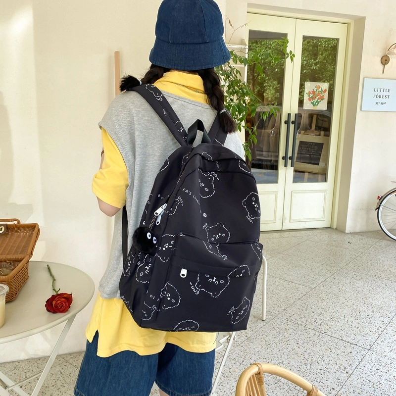 巴朗熊 卡通熊印花学院风尼龙小清新学生简约日系休闲大容量 尼龙 书包背包双肩包 常规 男女同款情侣款 白色/粉色/黑色