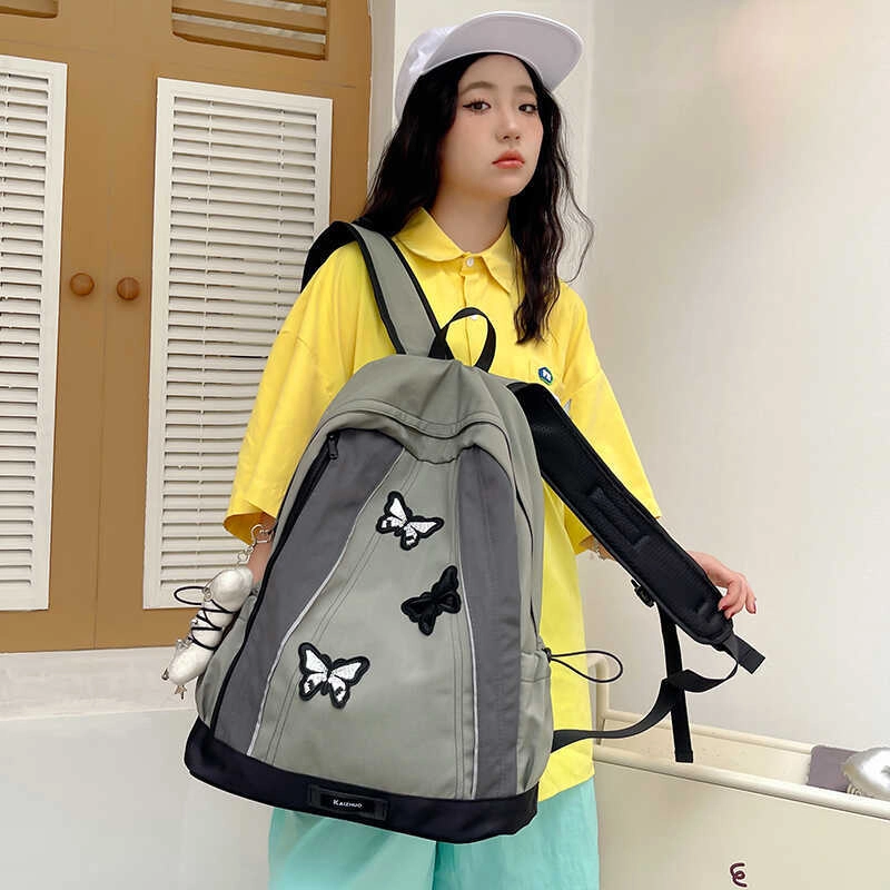 巴朗熊  韩版暗黑系蝴蝶小众设计多功能 双肩包背包 女款 浅灰色/深灰色