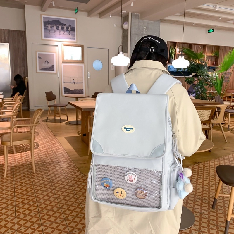 巴朗熊  小清新彩色学生涤棉女透明兜大容量双肩包 男女同款情侣款 多色