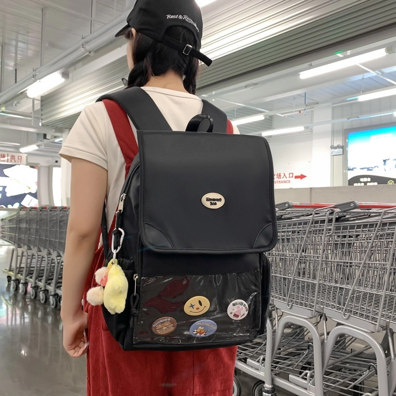 巴朗熊  小清新彩色学生涤棉女透明兜大容量双肩包 男女同款情侣款 多色