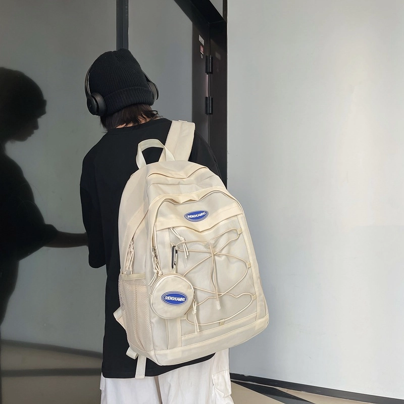 巴朗熊 日系工装风休闲简约日常通勤时尚百搭 尼龙 双肩包 男女同款情侣款 白色/灰色/黑色