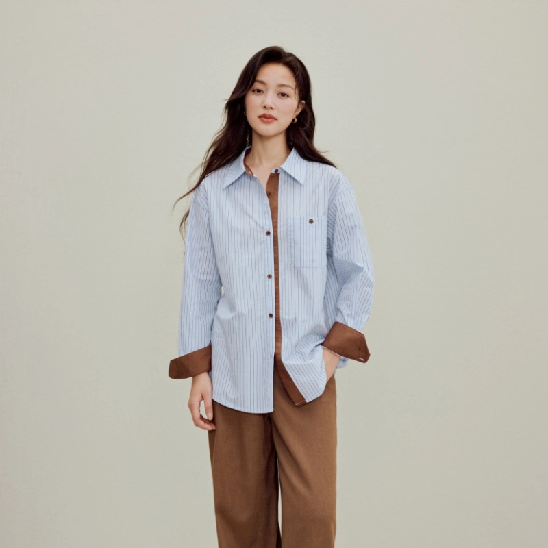 茵曼 优雅撞色条纹落肩长袖衬衫 女款
