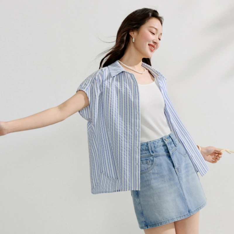 茵曼 法式条纹设计感小众短袖衬衫 女款