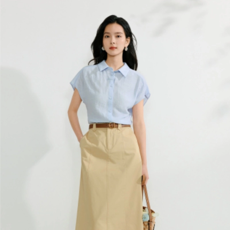 茵曼 通勤百搭简约短袖衬衫 女款 浅蓝色