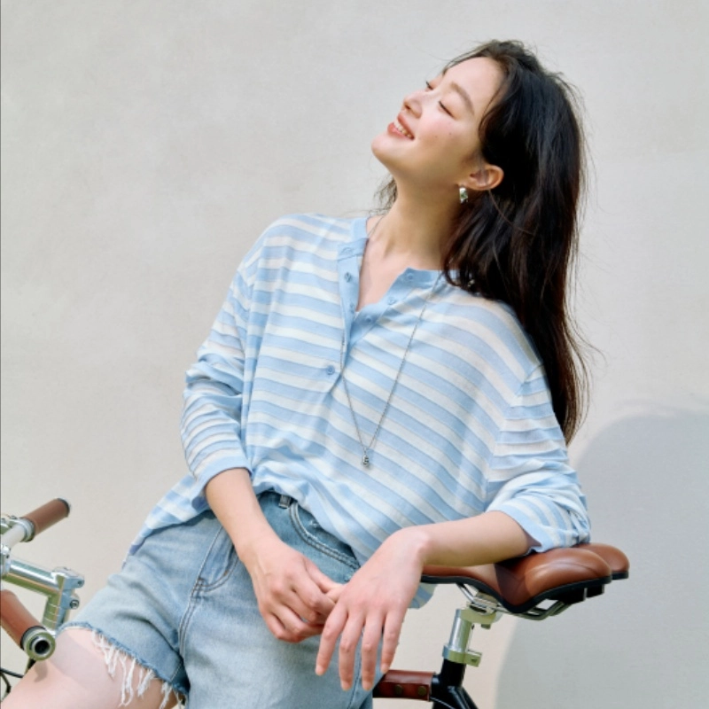 茵曼 条纹航海宽松罩衫百搭时尚针织衫 女款