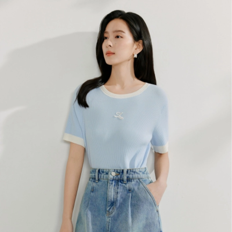 茵曼 茵曼凉感冰爽丝撞色欧若风显瘦短袖针织衫 女款