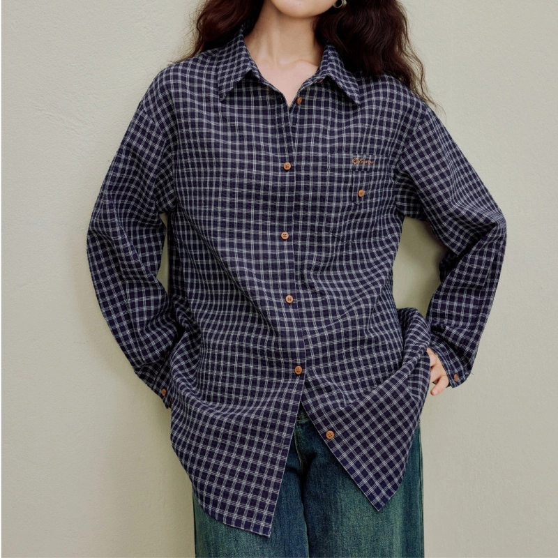 茵曼 复古休闲刺绣格子百搭衬衣长袖衬衫 女款