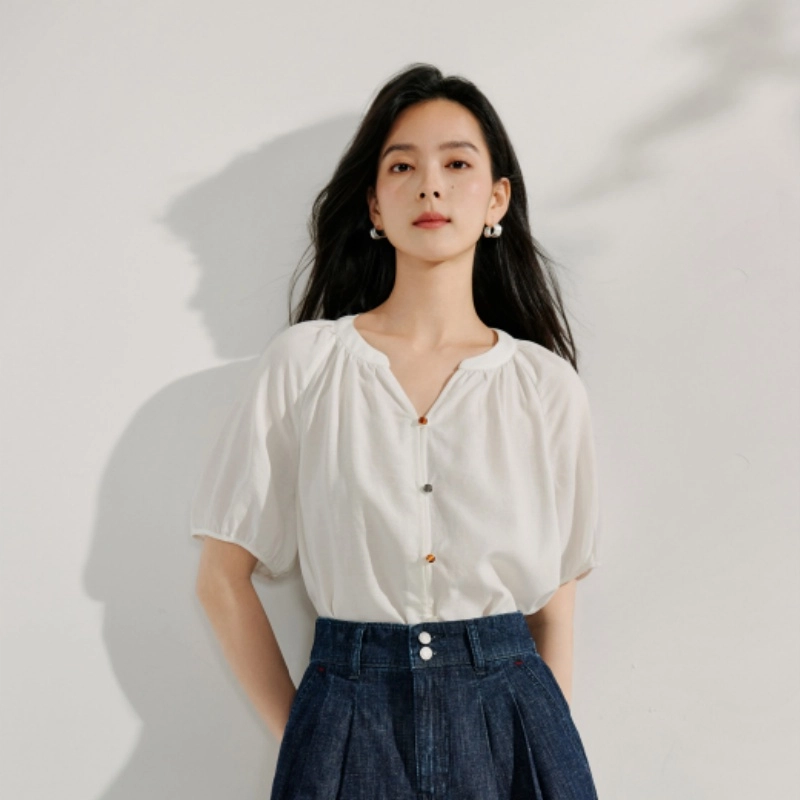 茵曼 休闲百搭纯色短袖衬衫 女款 珍珠白