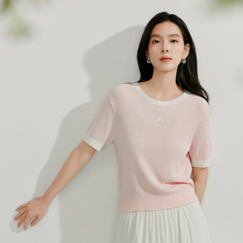 茵曼 茵曼凉感冰爽丝撞色欧若风显瘦短袖针织衫 女款