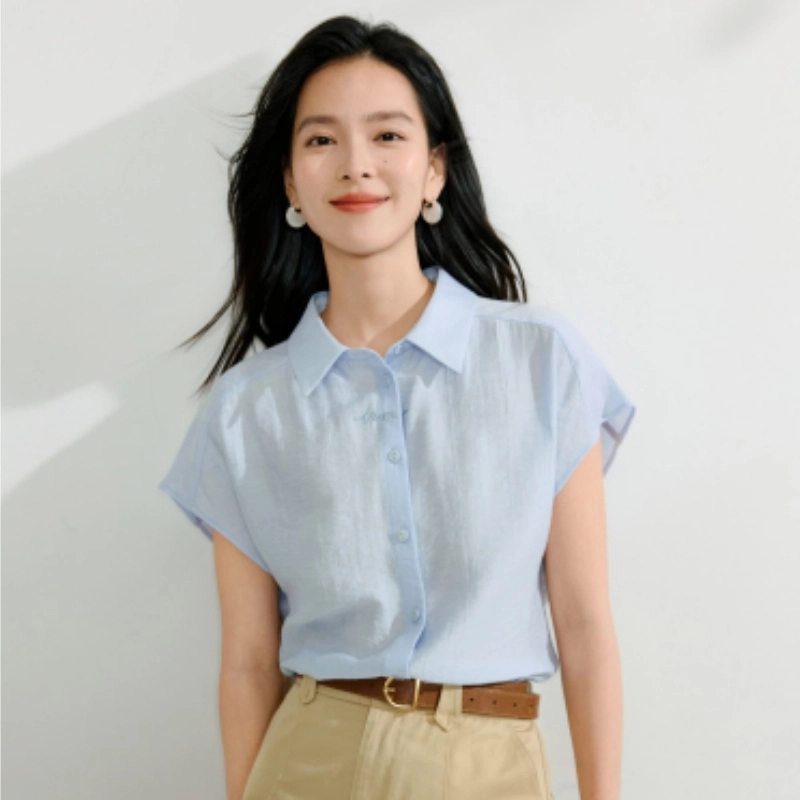 茵曼 通勤百搭简约短袖衬衫 女款 浅蓝色