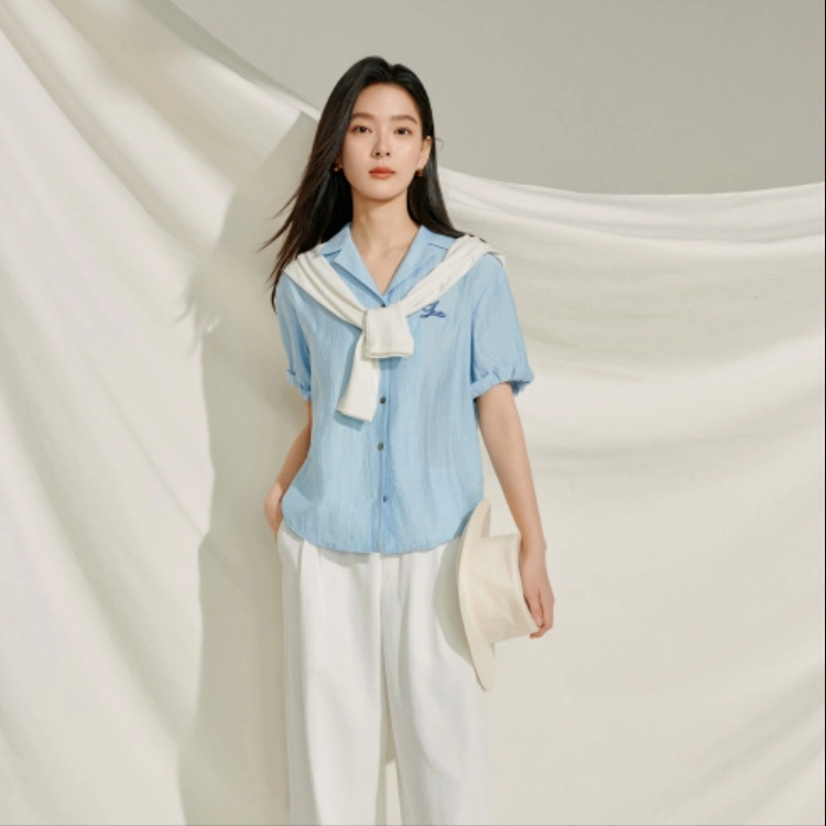 茵曼 法式皱感字母刺绣宽松短袖衬衫 女款