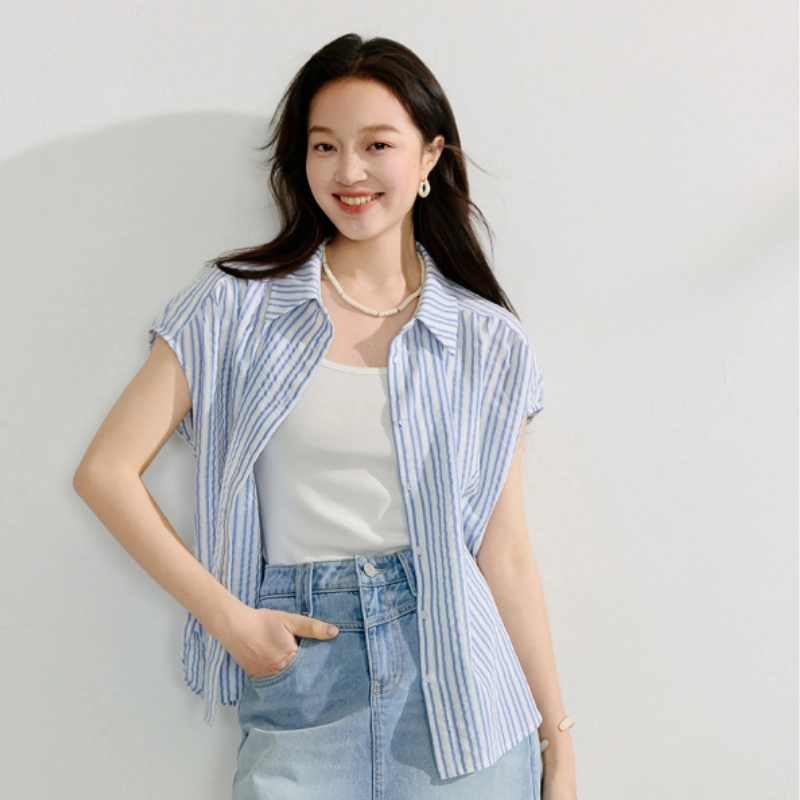 茵曼 法式条纹设计感小众短袖衬衫 女款