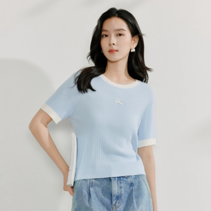 茵曼 茵曼凉感冰爽丝撞色欧若风显瘦短袖针织衫 女款
