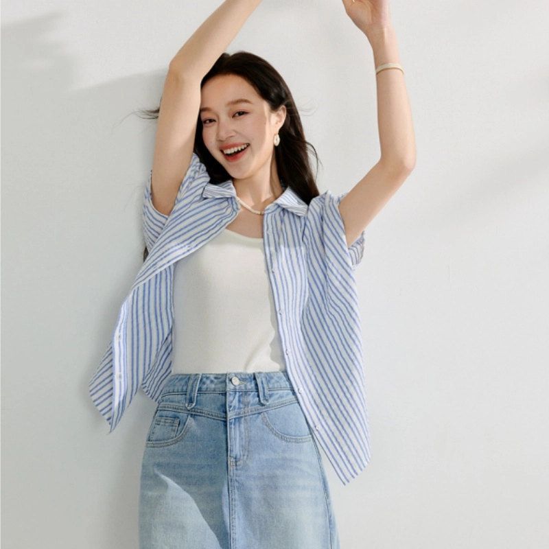 茵曼 法式条纹设计感小众短袖衬衫 女款