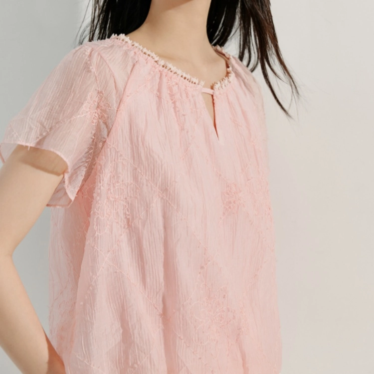 茵曼 温柔风莱赛尔蝴蝶纱刺绣短袖上衣 女款