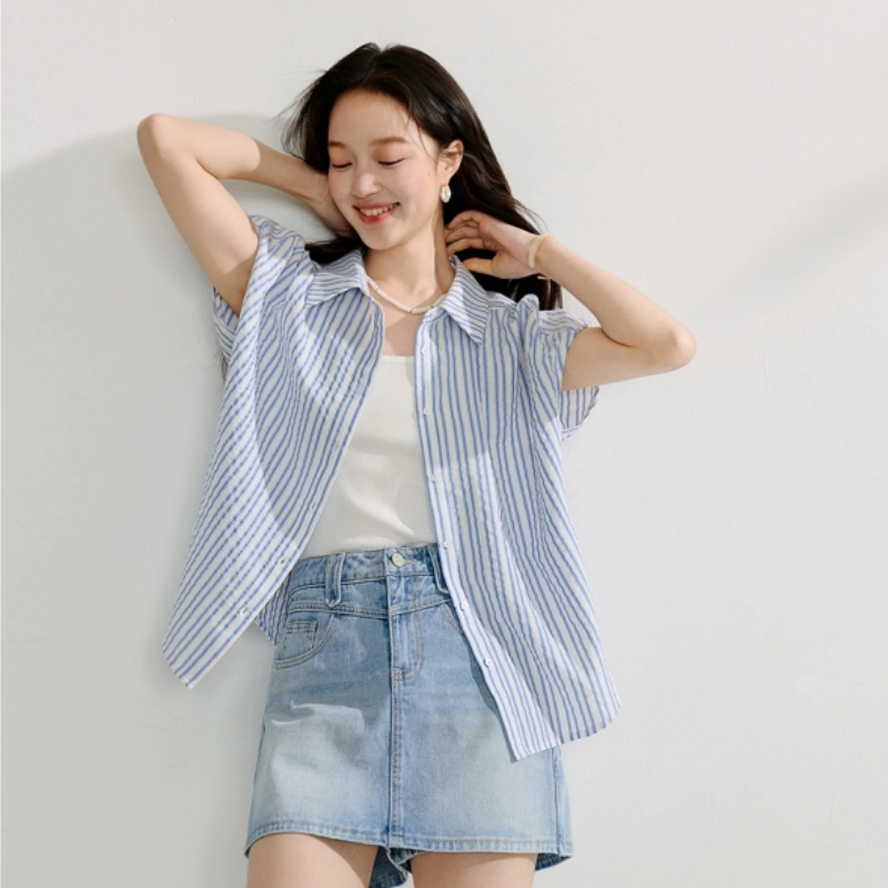 茵曼 法式条纹设计感小众短袖衬衫 女款