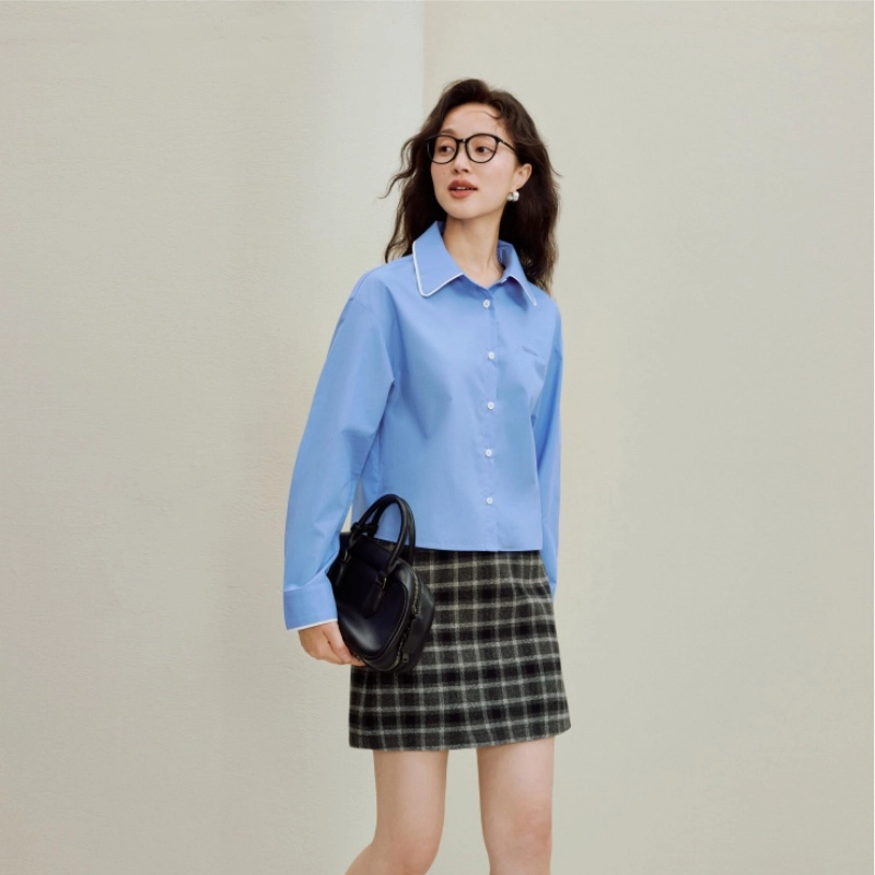茵曼 简约撞色拼接府绸长袖衬衣衬衫 女款