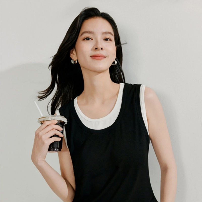 茵曼 简约百搭撞色假两件设计感内搭无袖背心 女款