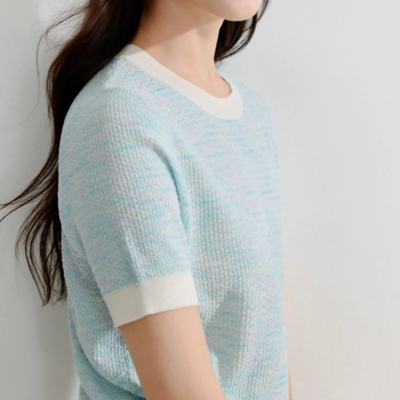 茵曼 小香风撞色圆领短袖气质套头上衣薄短袖针织衫 女款
