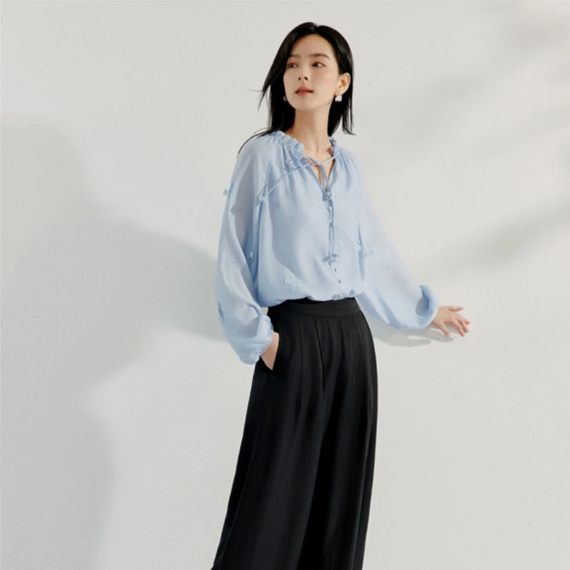 茵曼 法式立体绣花设计感醋酸木耳边长袖衬衫 女款