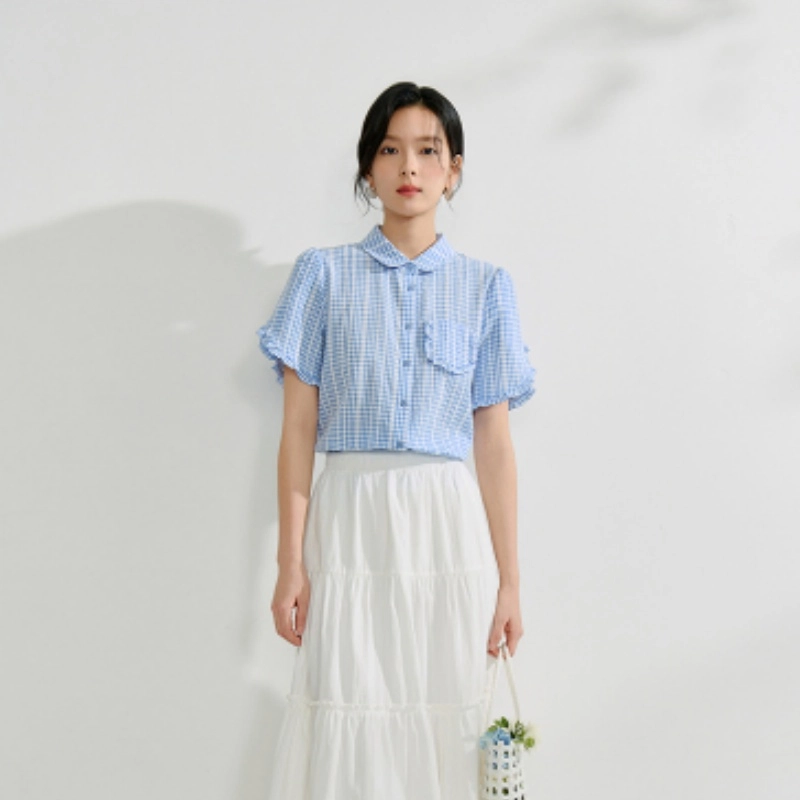 茵曼 气质舒适格子百搭时尚休闲短袖衬衫 女款