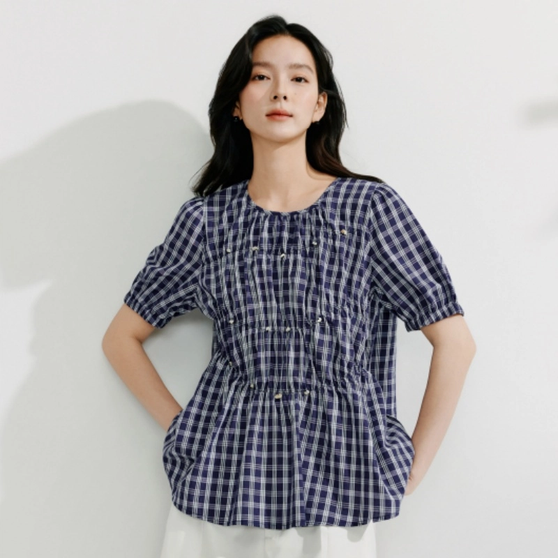 茵曼 时尚气质法式格子短袖衬衫 女款 藏青