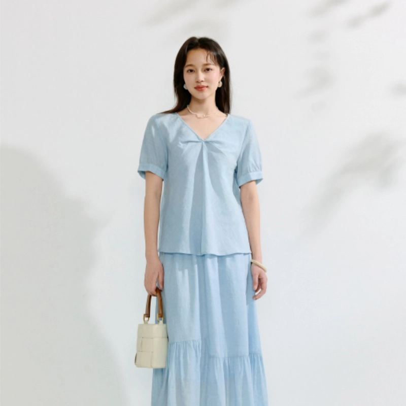茵曼 宽松舒适纯色短袖衬衫 女款 浅蓝色